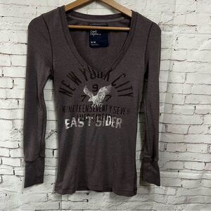 Y2K American Eagle Ribbed Fitted Long Sleeve Top Women Medium Brown New York